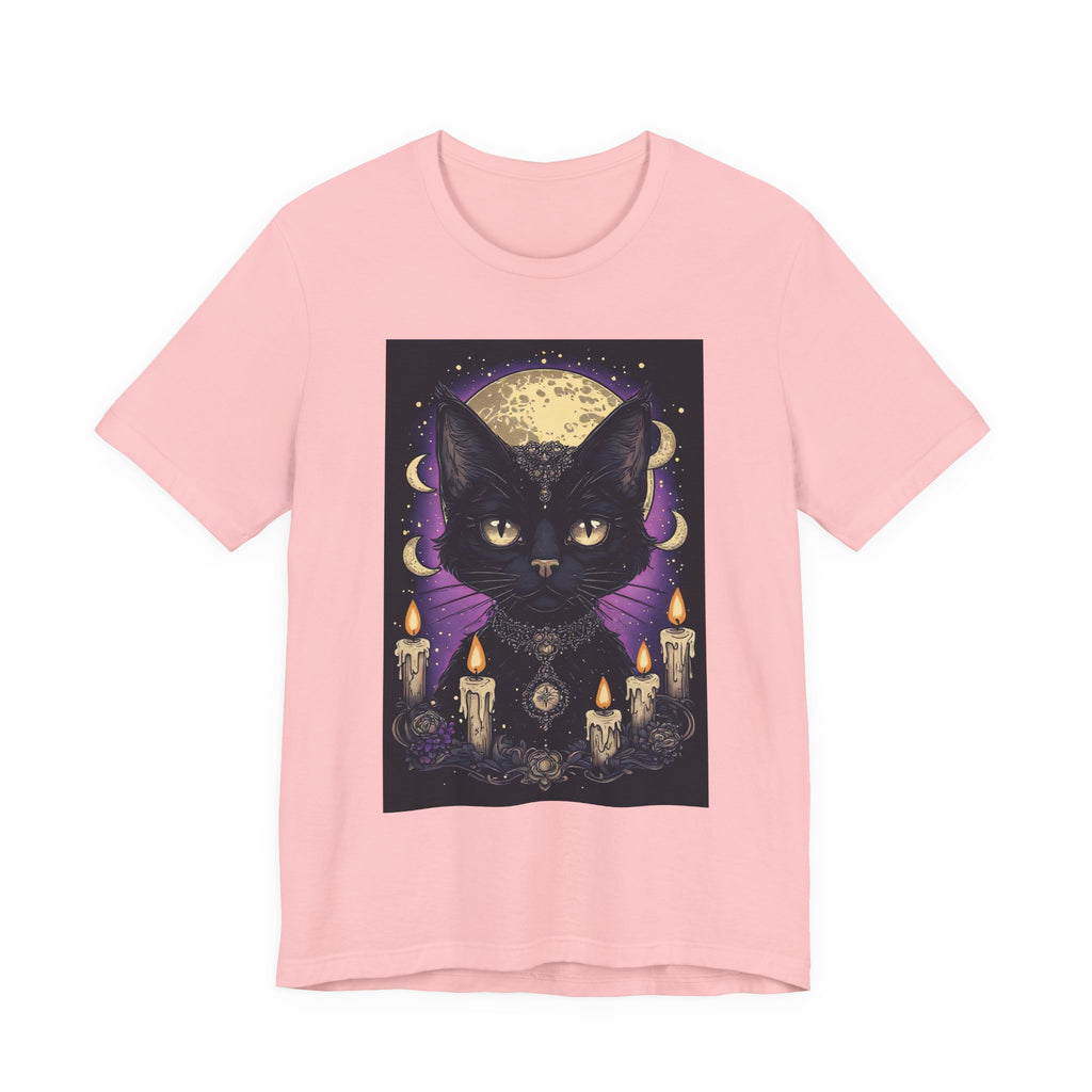 Mystic Black Cat Tee — Moon, Candles & Crescent Phases Graphic T-Shirt