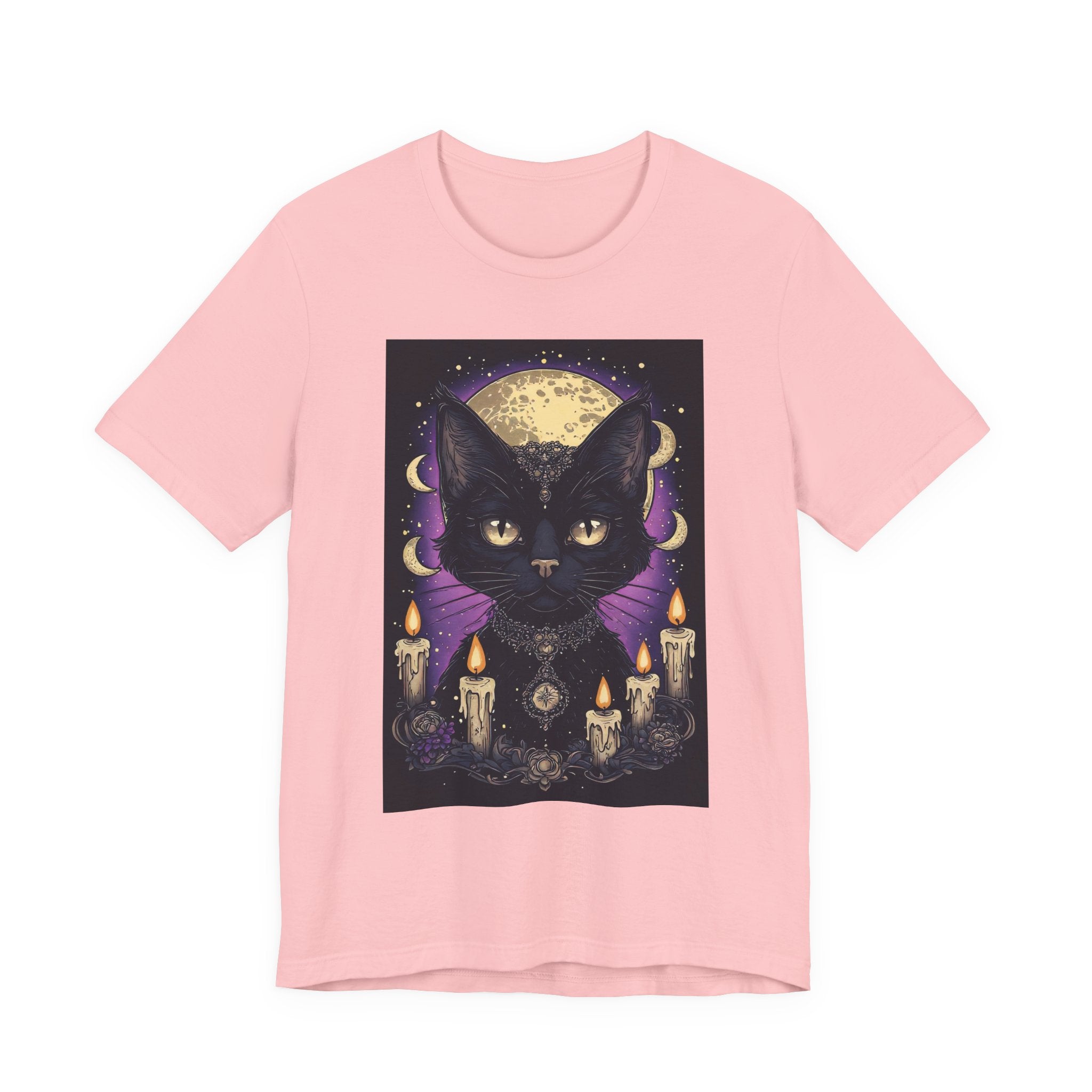 Mystic Black Cat Tee — Moon, Candles & Crescent Phases Graphic T-Shirt