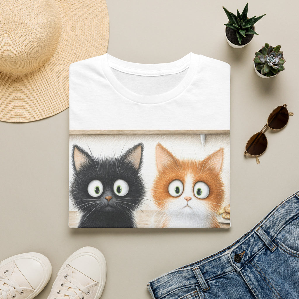 Cute Coffee Cats T‑Shirt — Wide‑Eyed Black & Ginger Kittens Graphic Tee