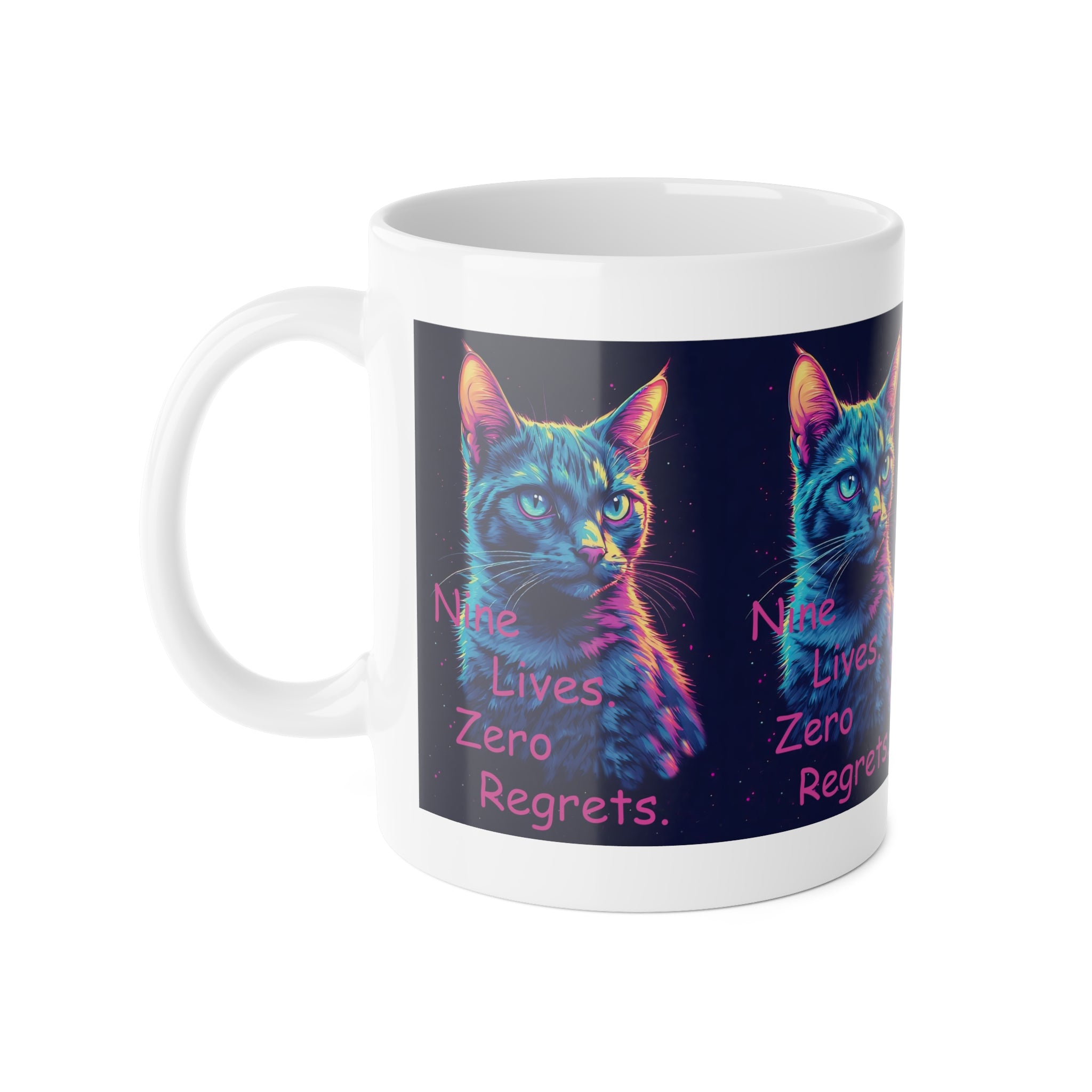 Cat Mug — Neon Tabby "Nine Lives, Zero Regrets" Ceramic Coffee Cup