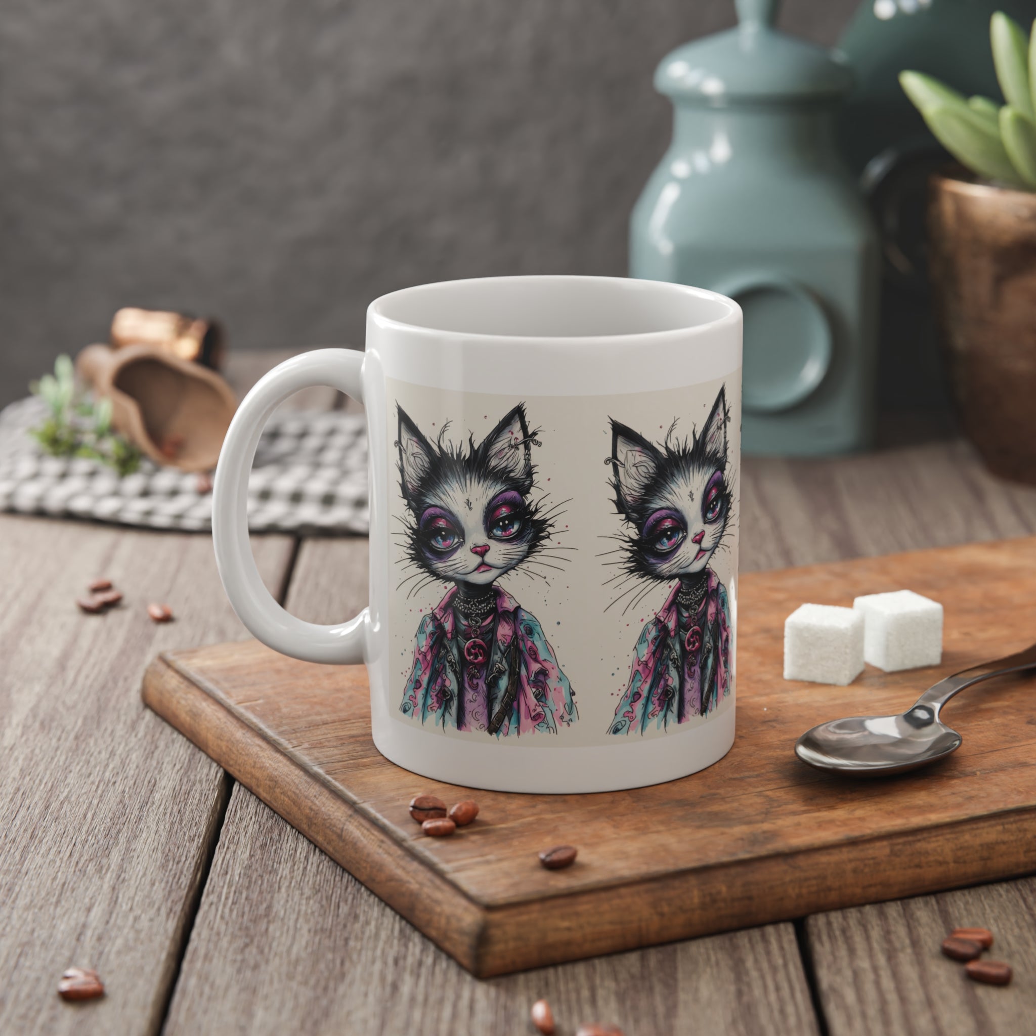 Cat Art Mug — Gothic Cute Kitty Illustration Ceramic Coffee Cup