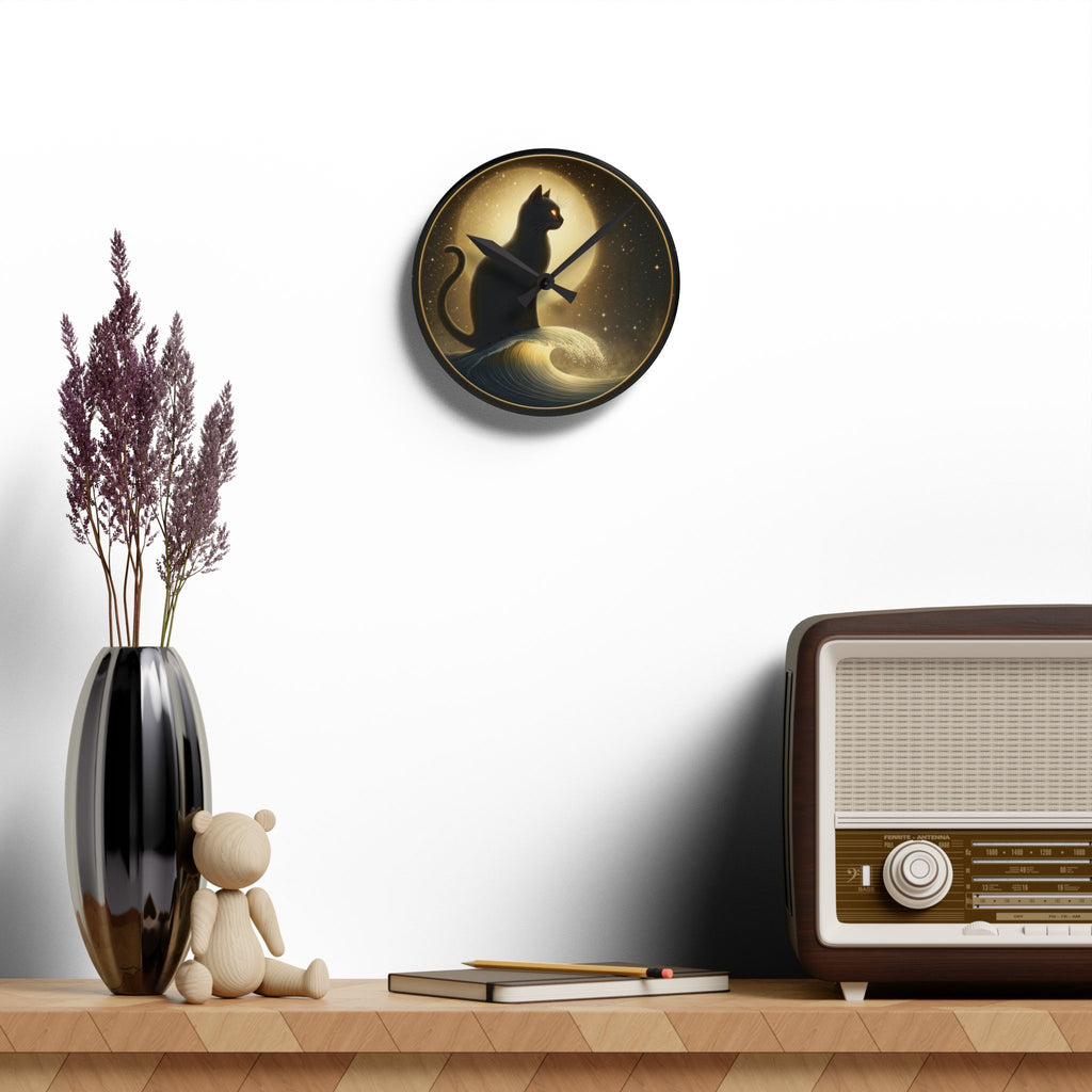 Moonlit Mystic Cat Acrylic Wall Clock – Celestial Black Cat Home Décor