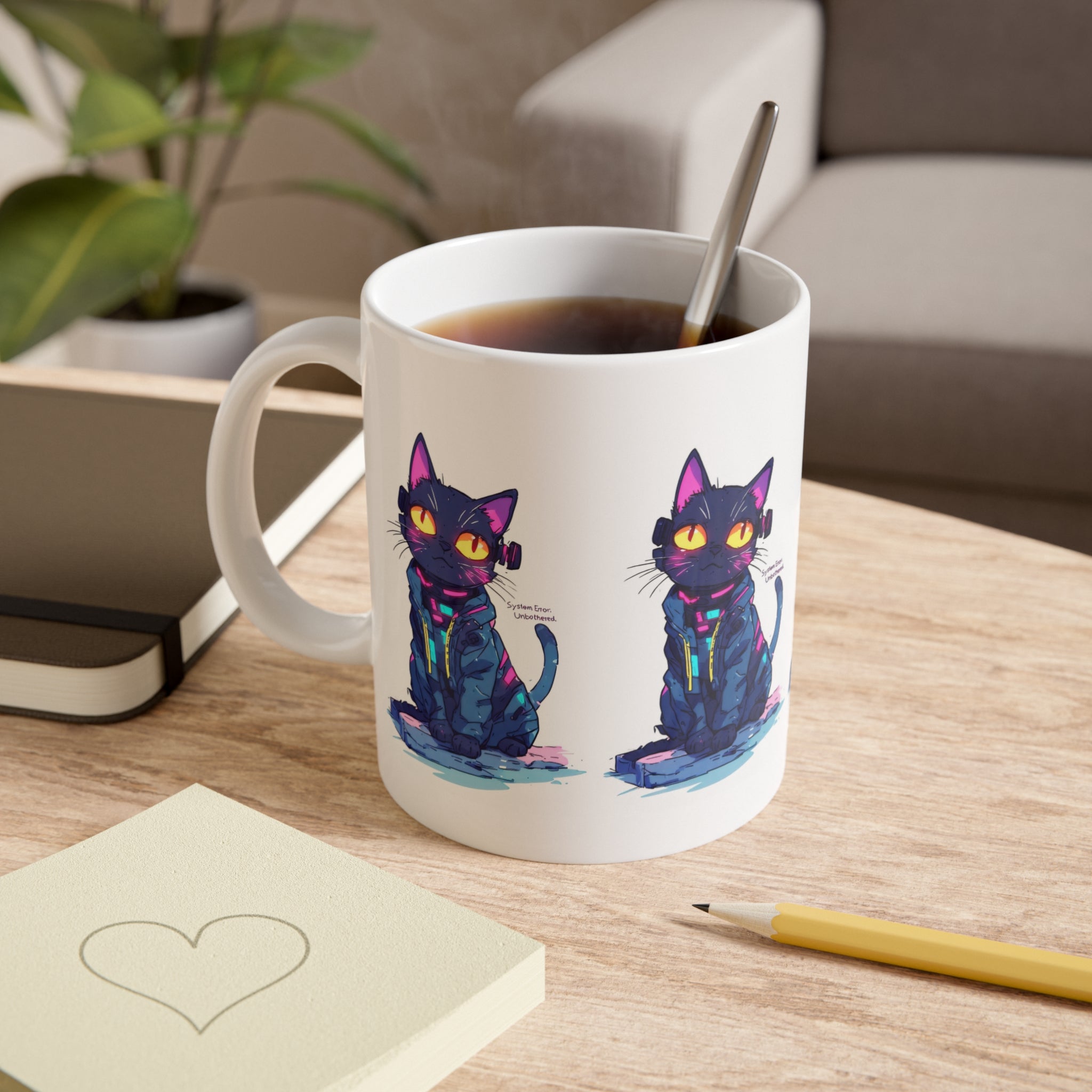 Black Cat Art Mug — Colorful Neon Illustration Ceramic Coffee Cup (11 oz)