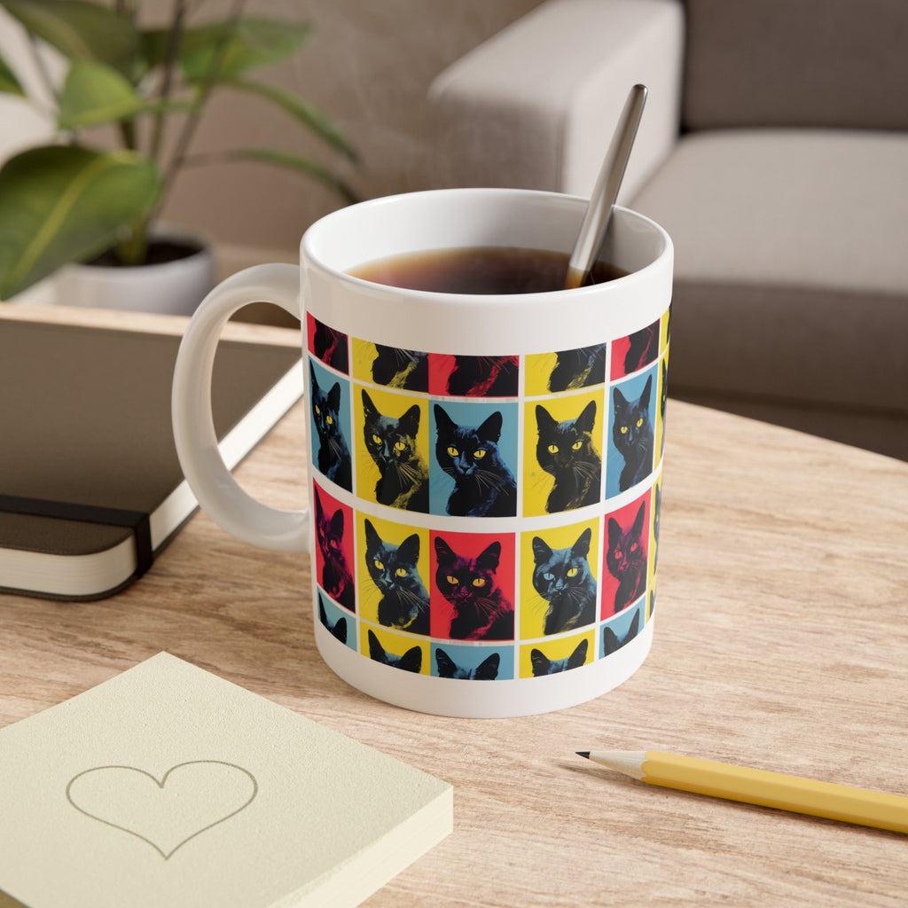 Pop Art Black Cat Mug — Colorful Retro Cat Coffee Cup, 11oz Ceramic