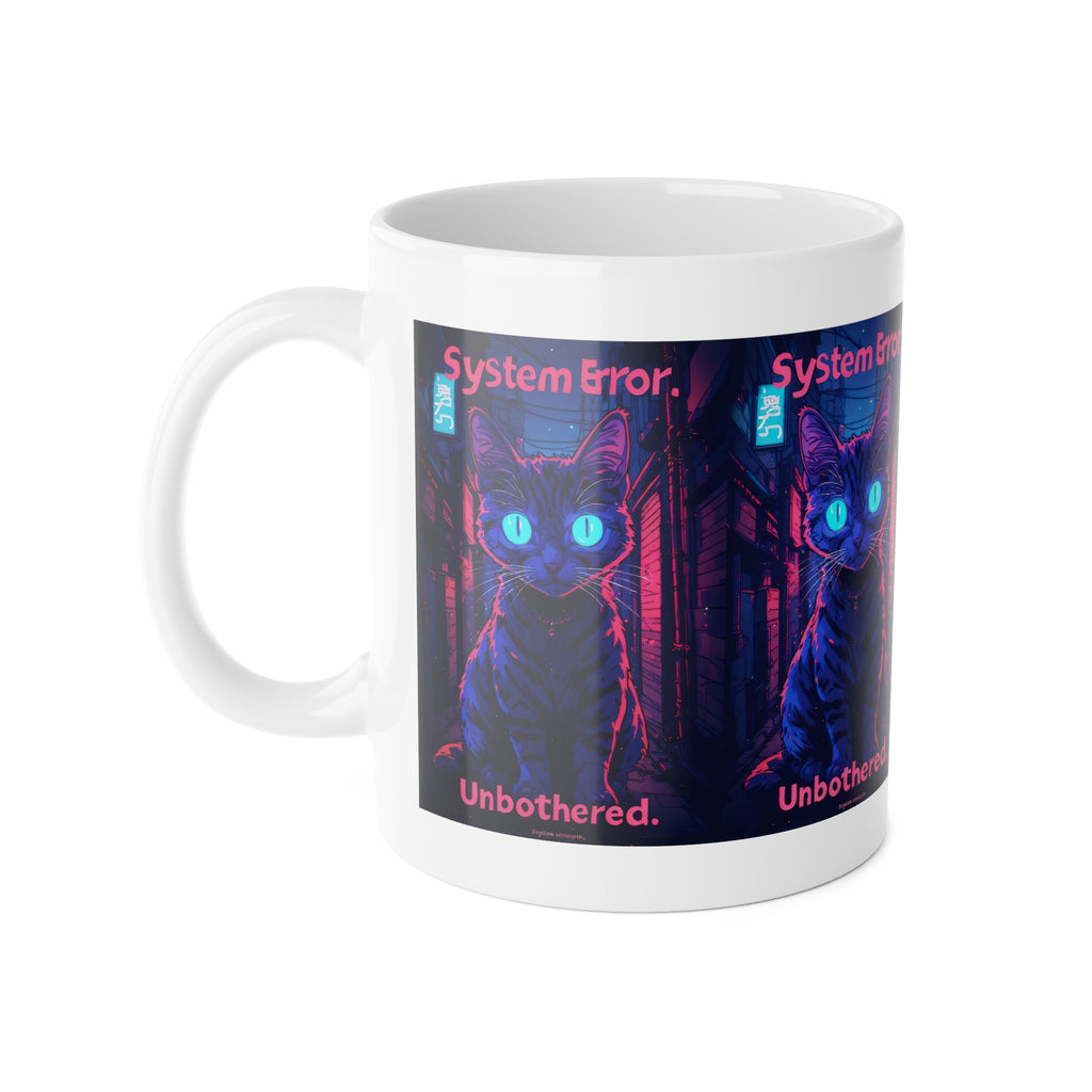 System Error Cat Mug — Cyberpunk Neon Cat Coffee Cup ("Unbothered")
