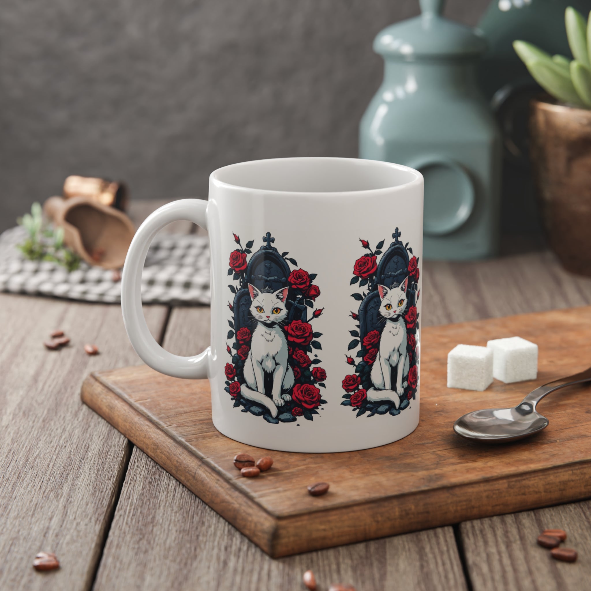 White Cat & Red Roses Ceramic Mug — Gothic Floral 11oz Coffee Cup