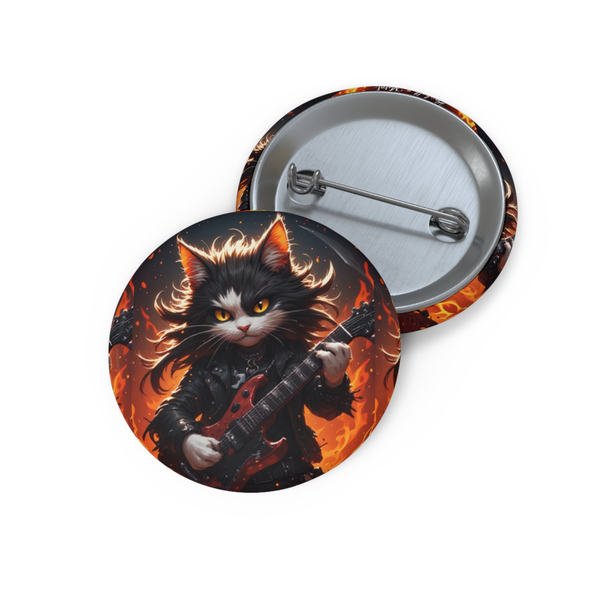 Rock Cat Guitar Button Pin — Cute Heavy Metal Cat Enamel-Style Badge