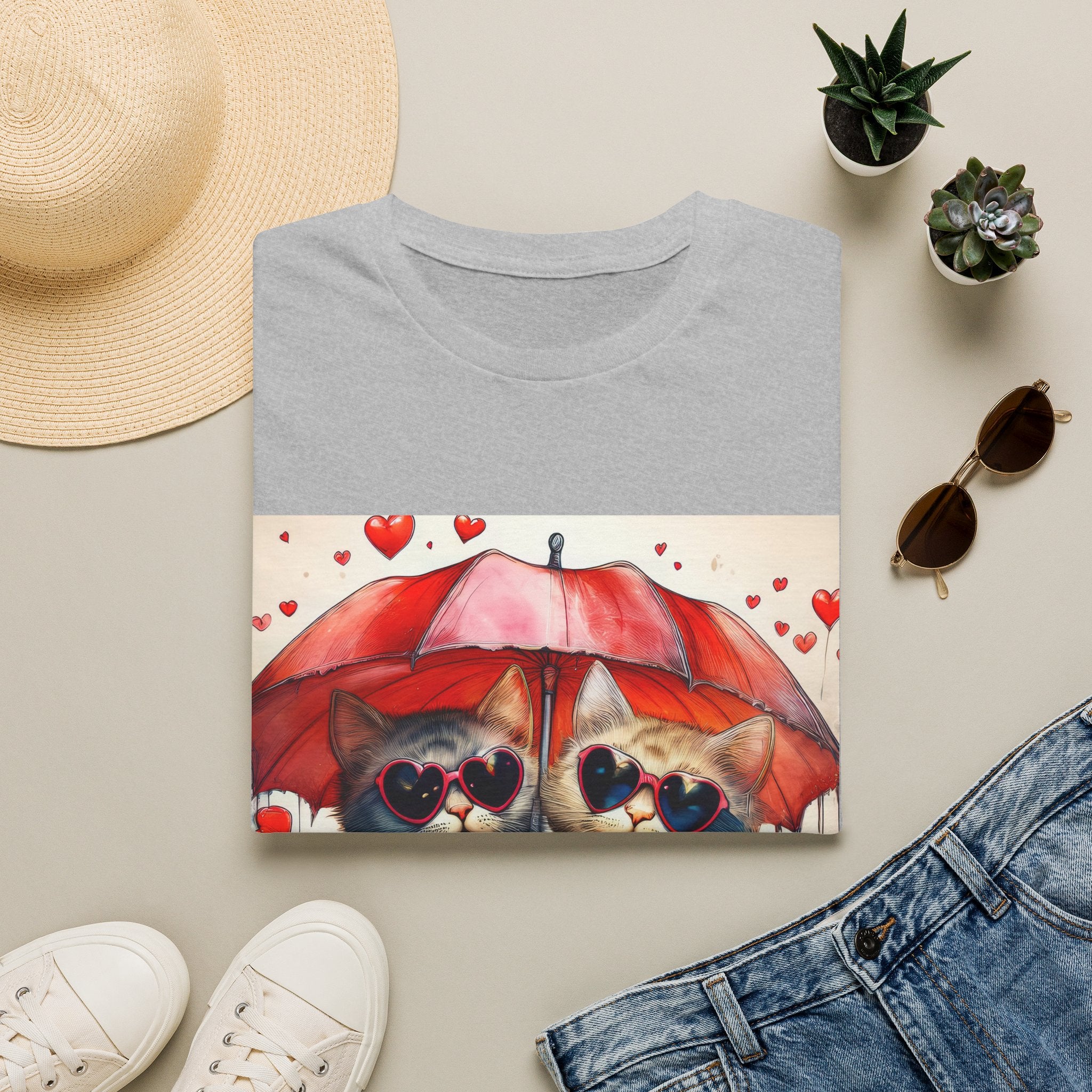 Cat Love T-Shirt — Kittens with Heart Sunglasses Under Red Umbrella