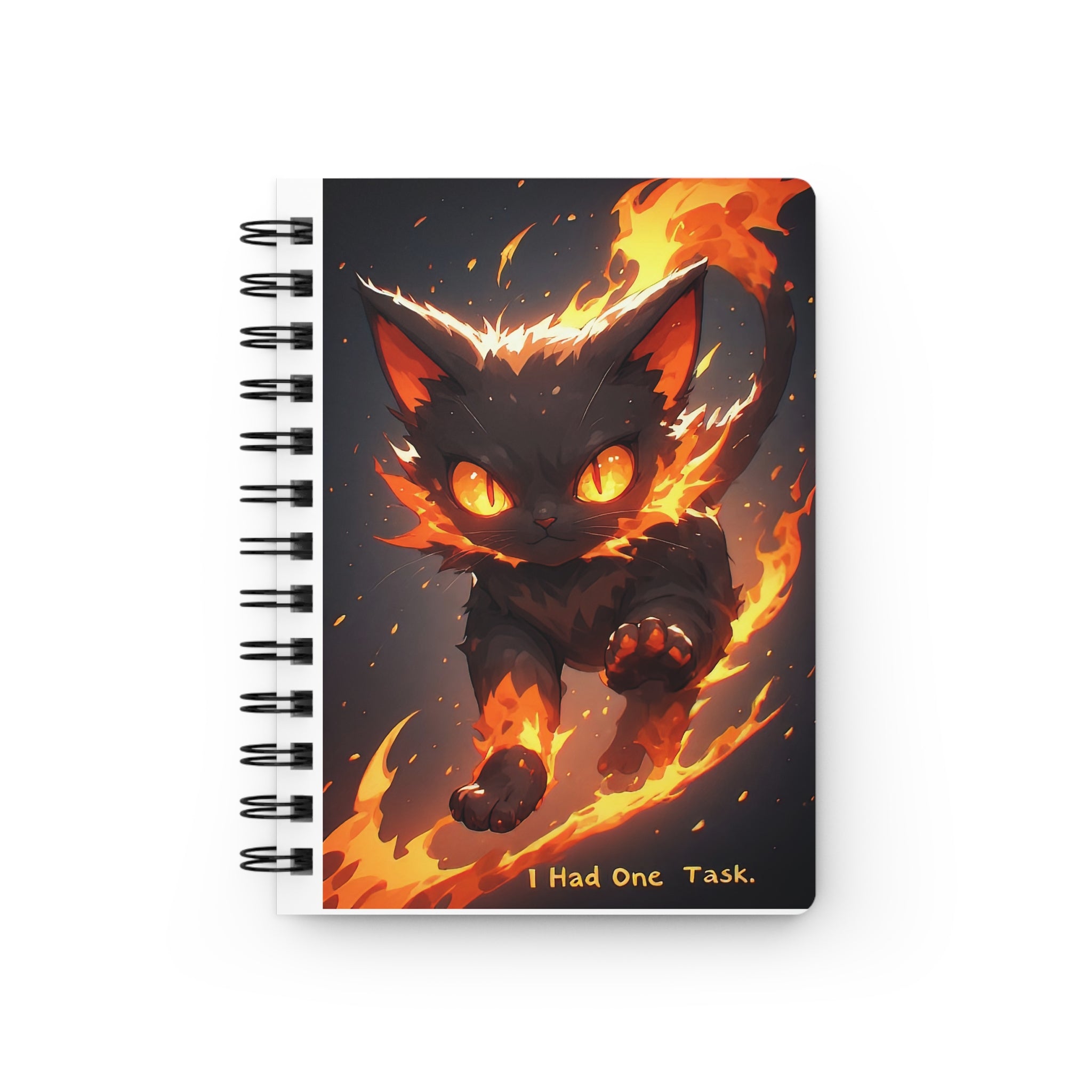 Spiral Notebook — Fiery Black Cat "I Had One Task" Journal for Cat Lovers & Gamers