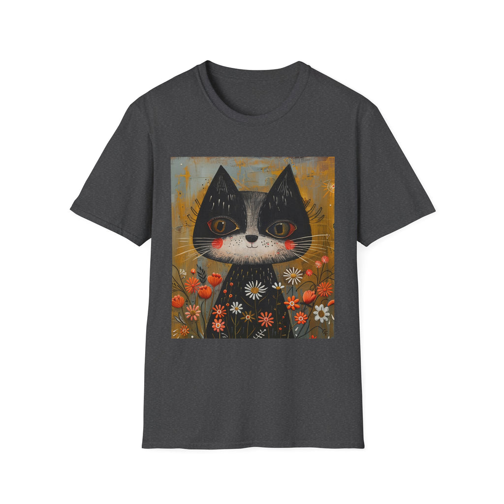 Whimsical Black & White Cat Tee — Cute Floral Portrait T-Shirt