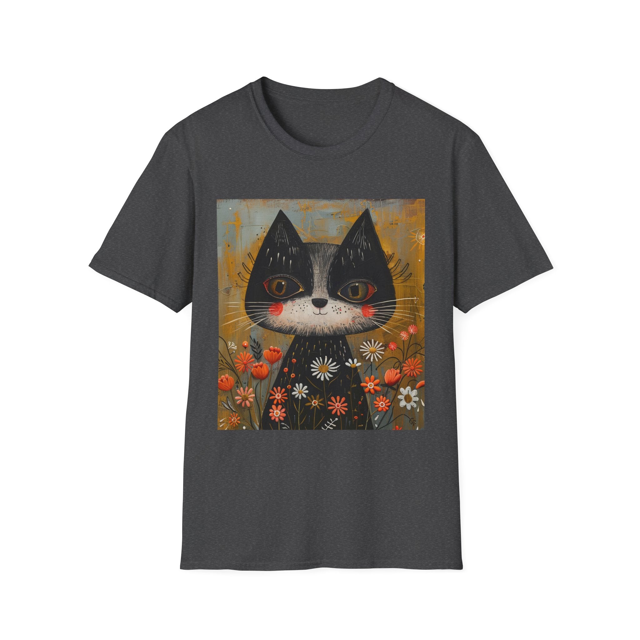 Whimsical Black & White Cat Tee — Cute Floral Portrait T-Shirt