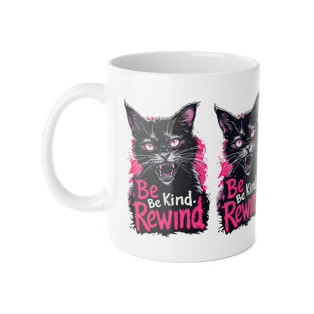 Cat Mug — 'Be Kind. Rewind.' Retro Grunge Black Cat Coffee Cup, Gift for Cat Lovers
