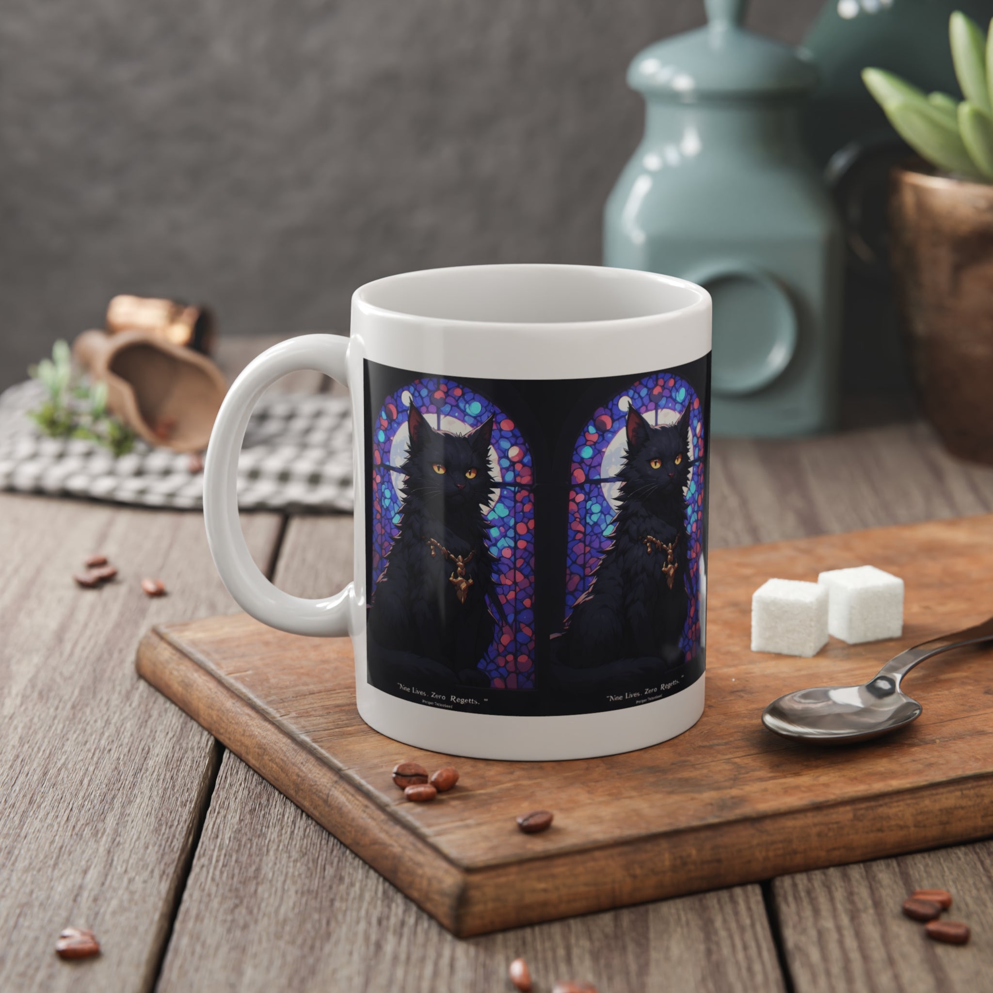Black Cat Stained Glass Mug — Gothic Cat Coffee Cup with Amber Eyes