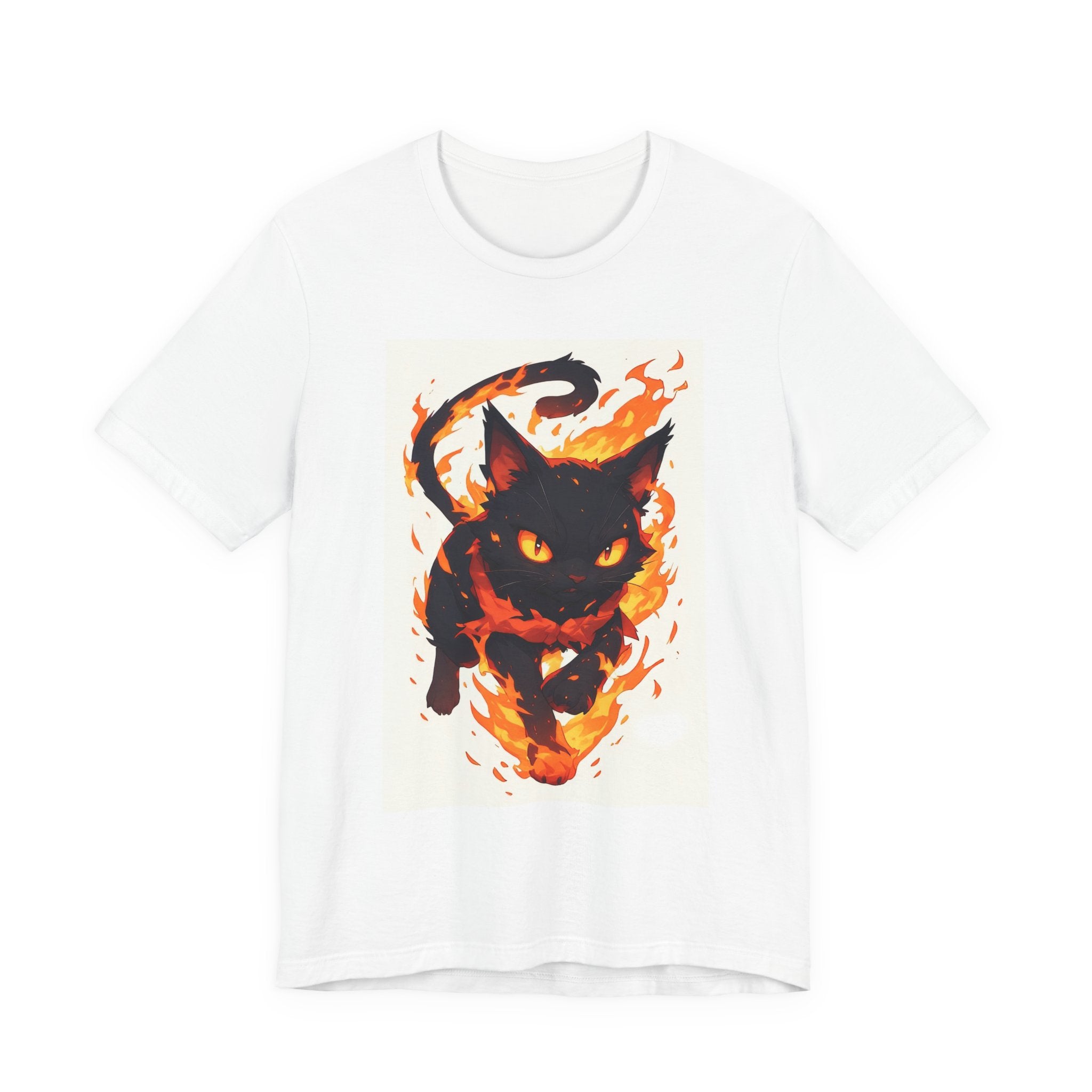 Flaming Black Cat Tee — Fiery Halloween Graphic T-Shirt