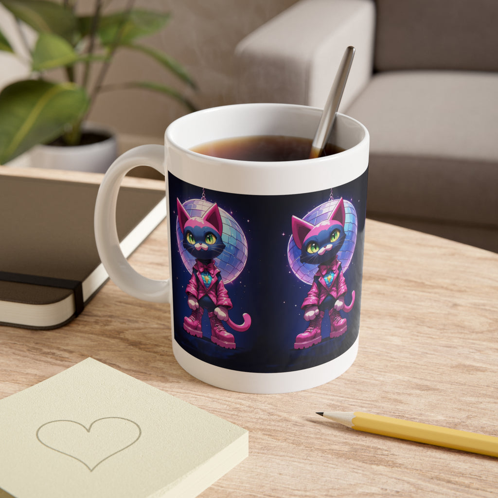 Retro Disco Cat Mug — Neon 80s Cyberpunk Coffee Cup