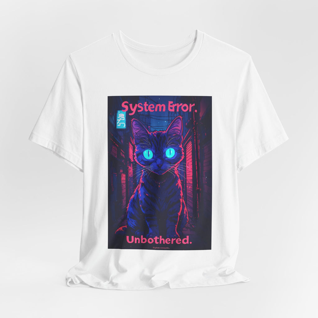 System Error Cat T-Shirt — Neon Cyberpunk Cat “Unbothered” Tee