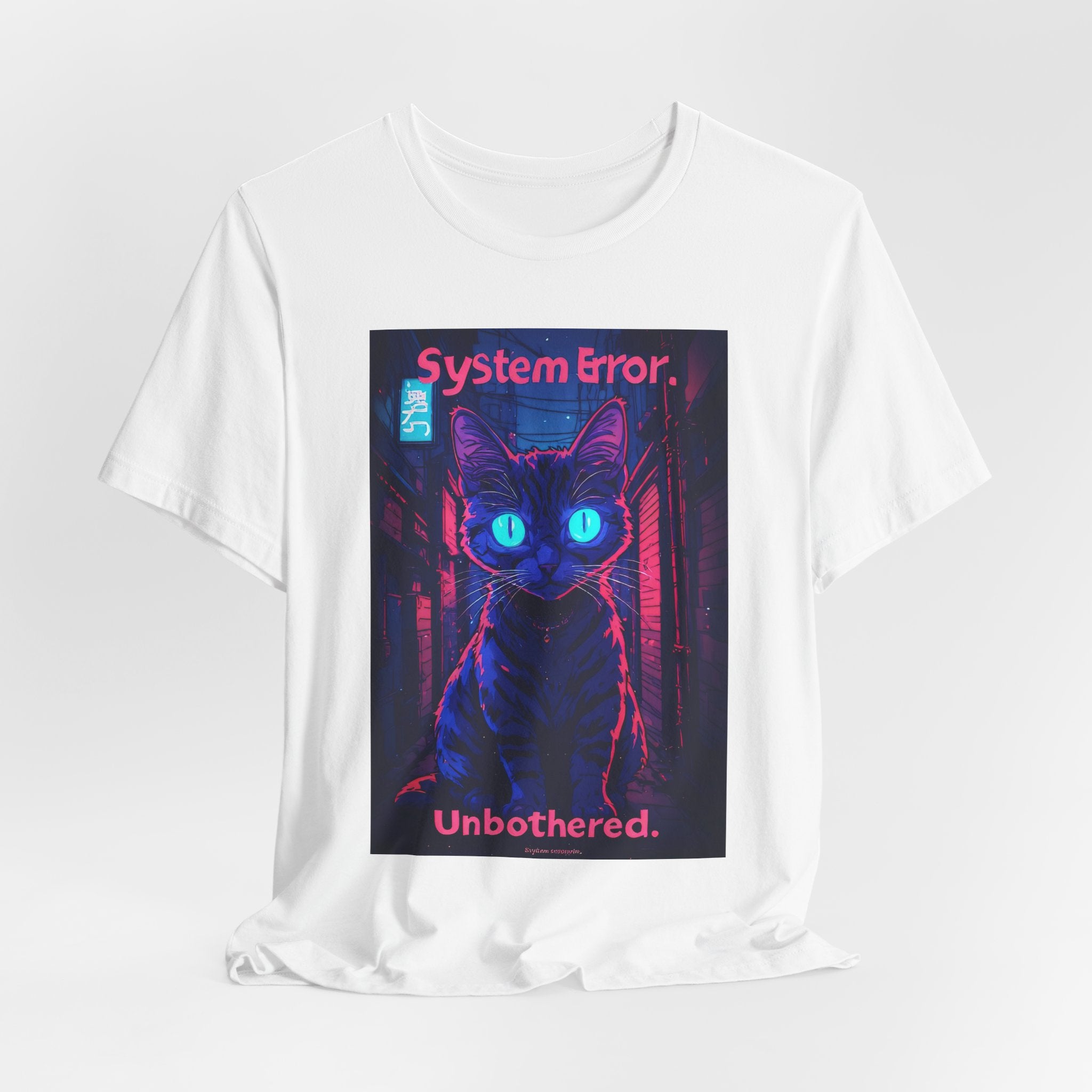 System Error Cat T-Shirt — Neon Cyberpunk Cat “Unbothered” Tee