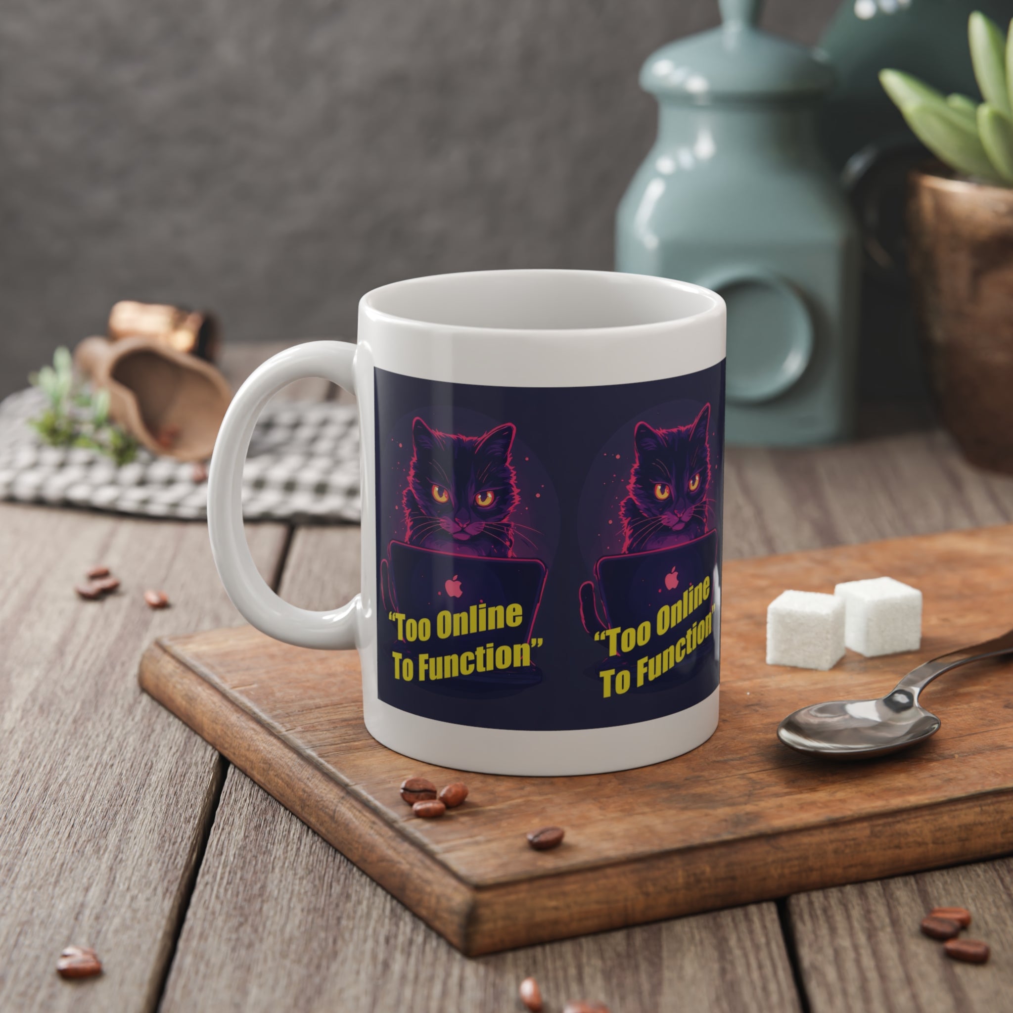Cat Laptop Mug – "Too Online To Function" Ceramic Coffee Cup