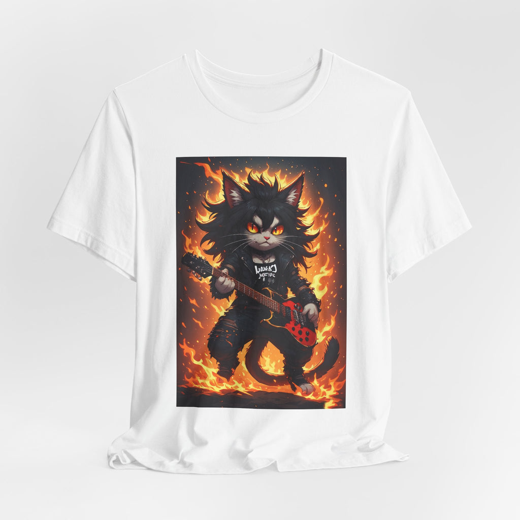 Flaming Rock Cat Graphic Tee — "Heavy Metal" Guitar Kitty Shirt