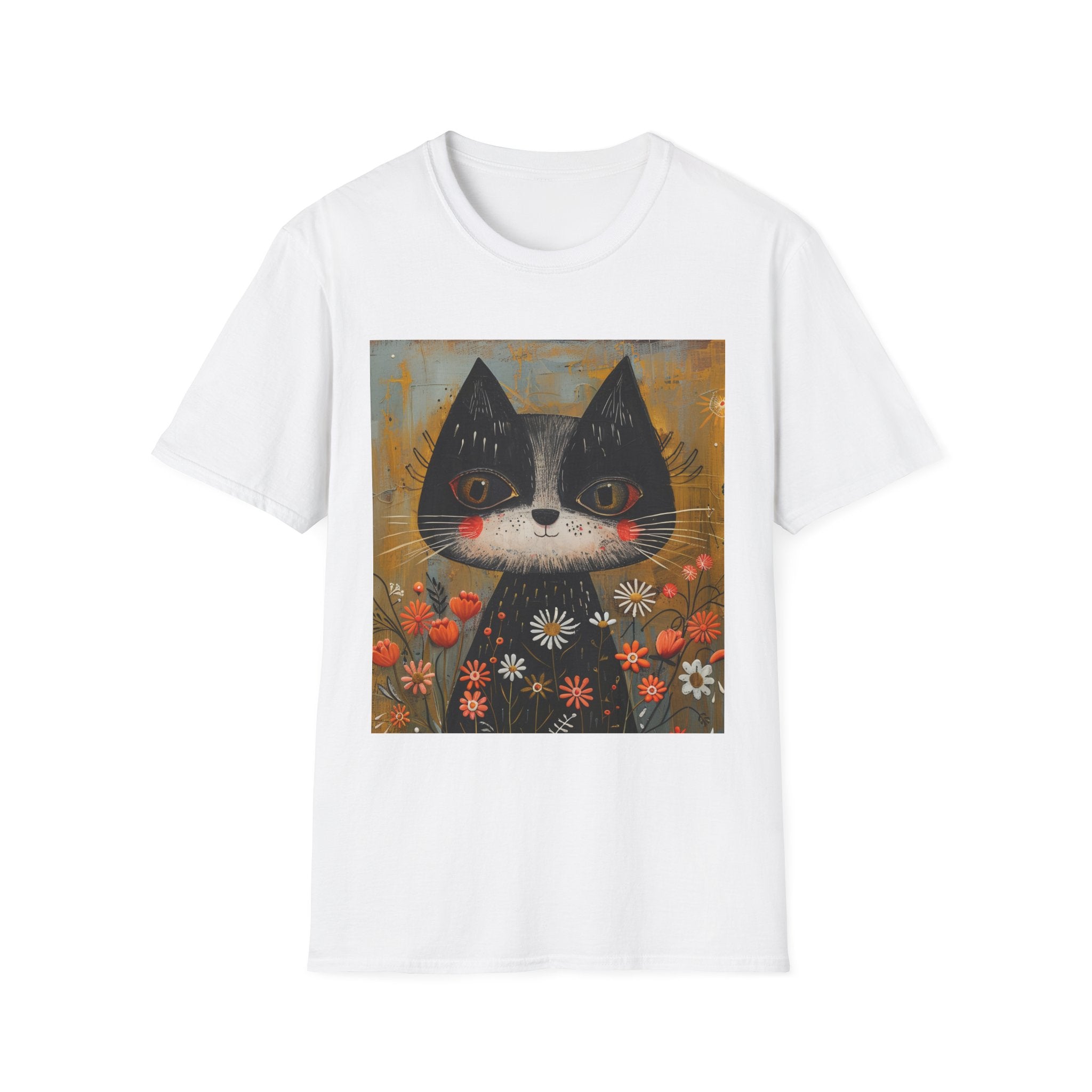 Whimsical Black & White Cat Tee — Cute Floral Portrait T-Shirt