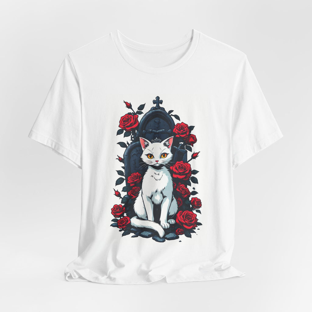 Cat on Throne T‑Shirt — White Cat with Roses Graphic Tee
