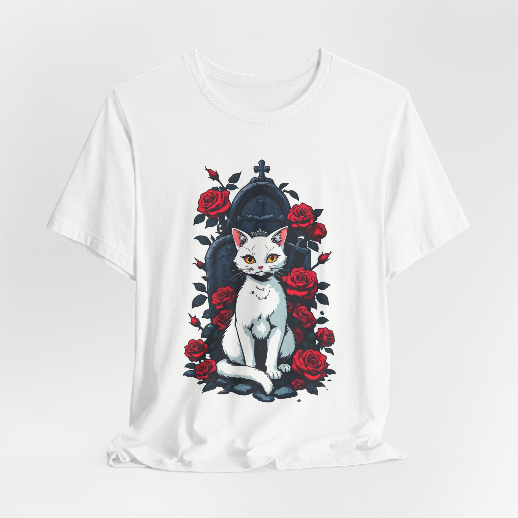 Cat on Throne T‑Shirt — White Cat with Roses Graphic Tee