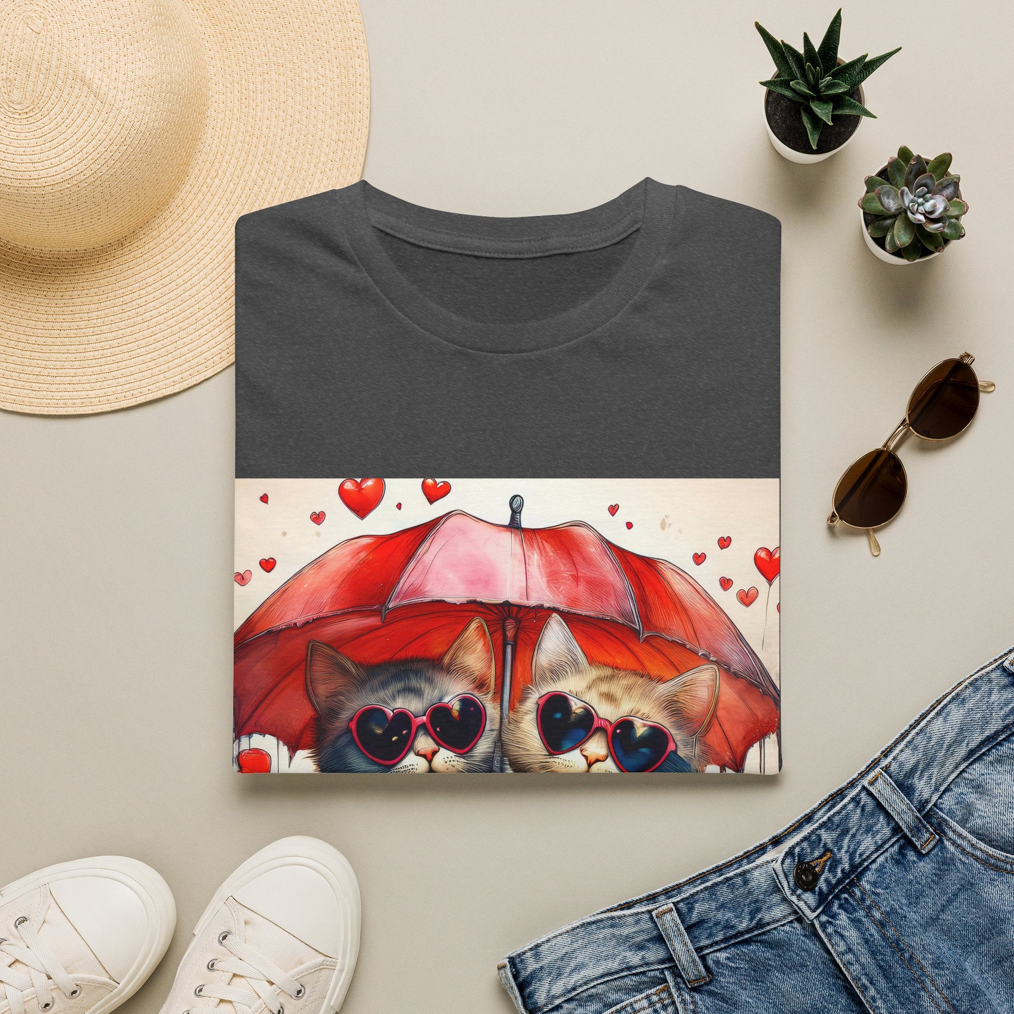 Cat Love T-Shirt — Kittens with Heart Sunglasses Under Red Umbrella