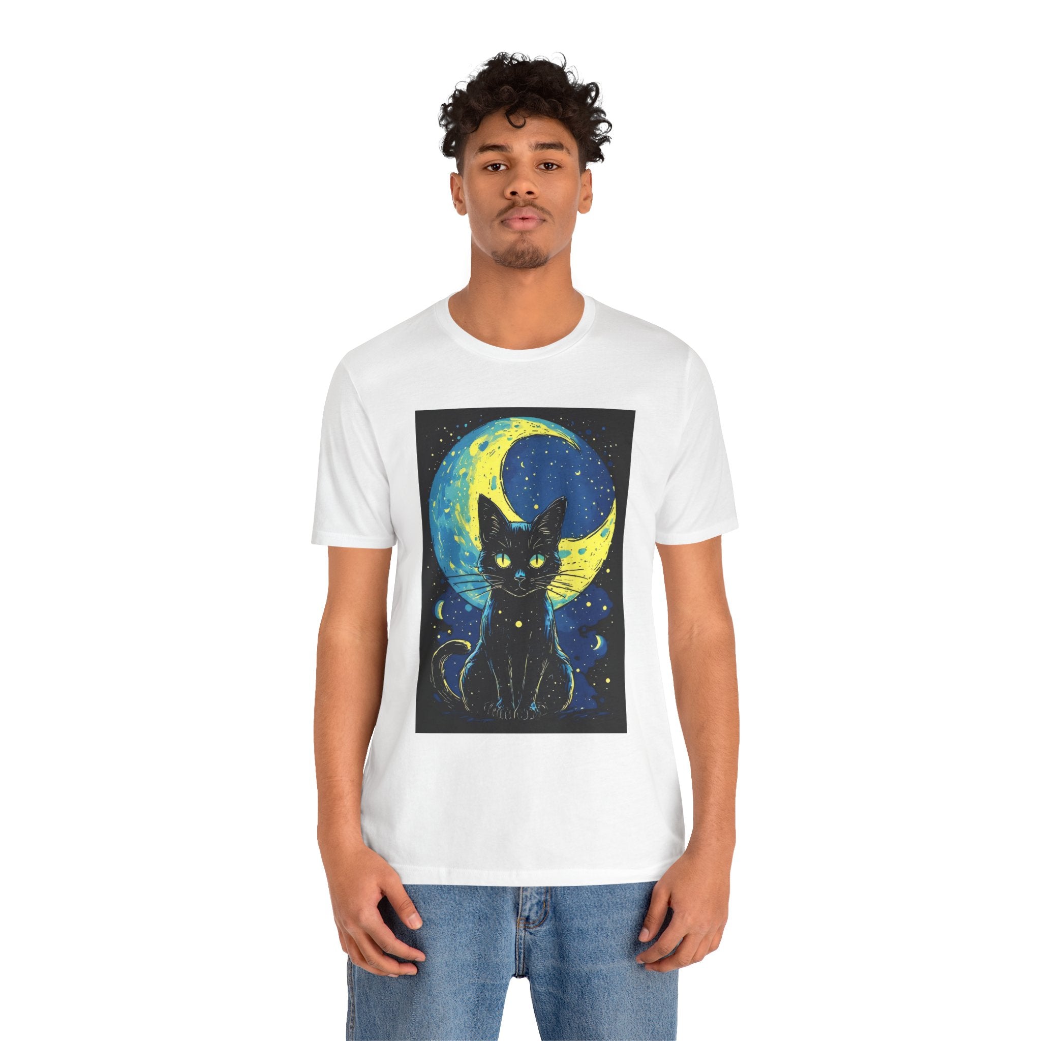 Cat Moon T-Shirt — Black Cat Illustration Tee with Crescent Moon Night Sky