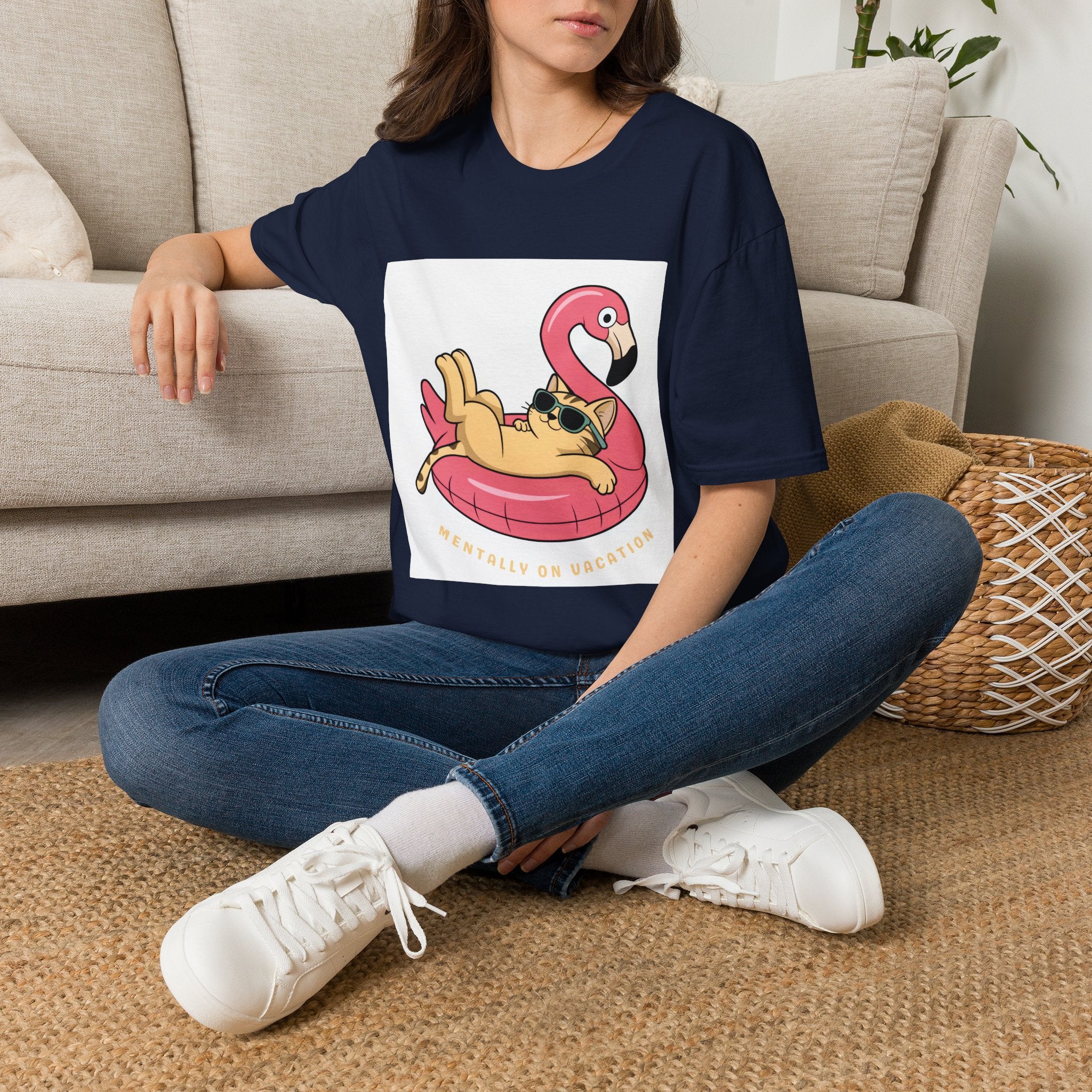 Cat on Flamingo Float T-Shirt — Cute Summer Pool Cat Graphic Tee