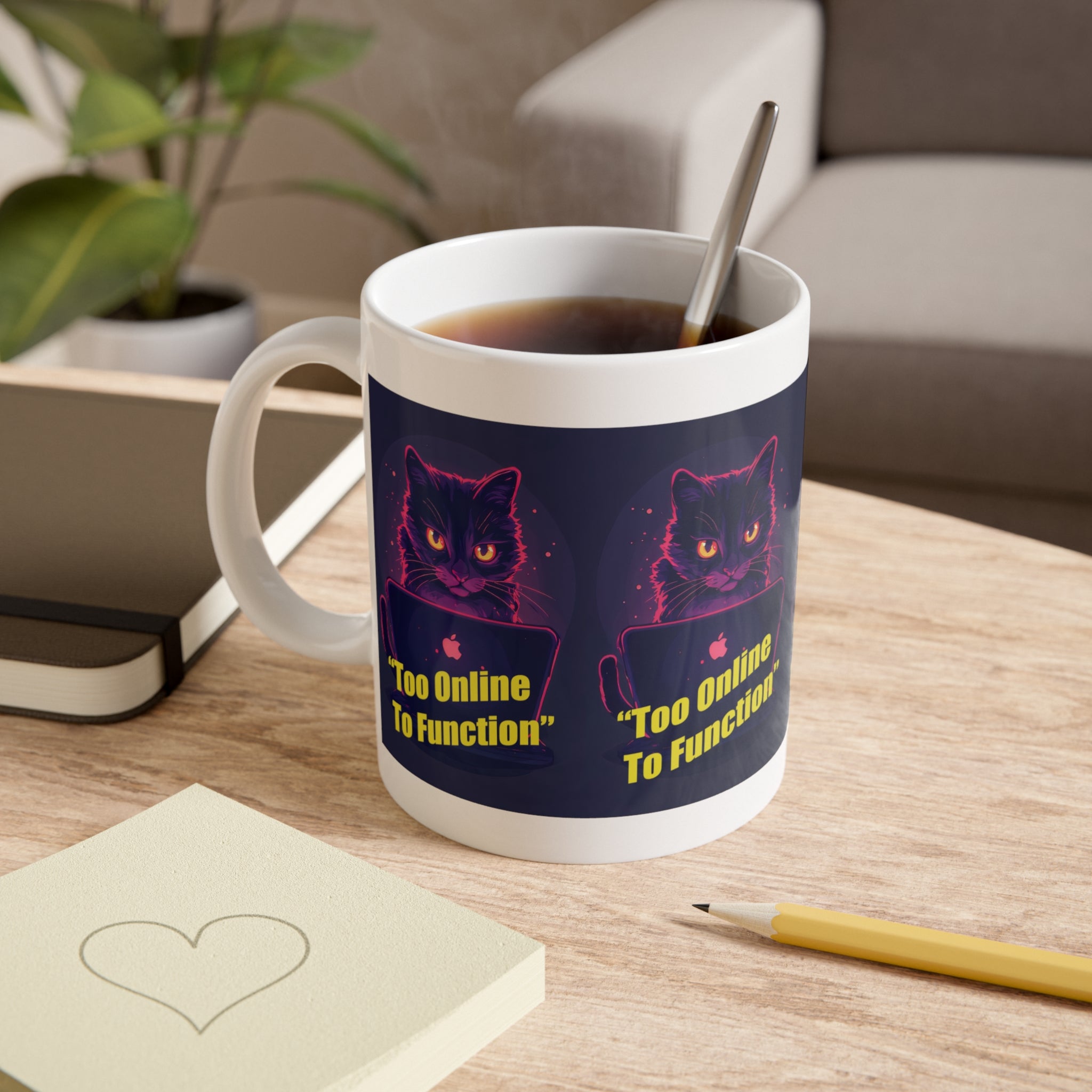 Cat Laptop Mug – "Too Online To Function" Ceramic Coffee Cup