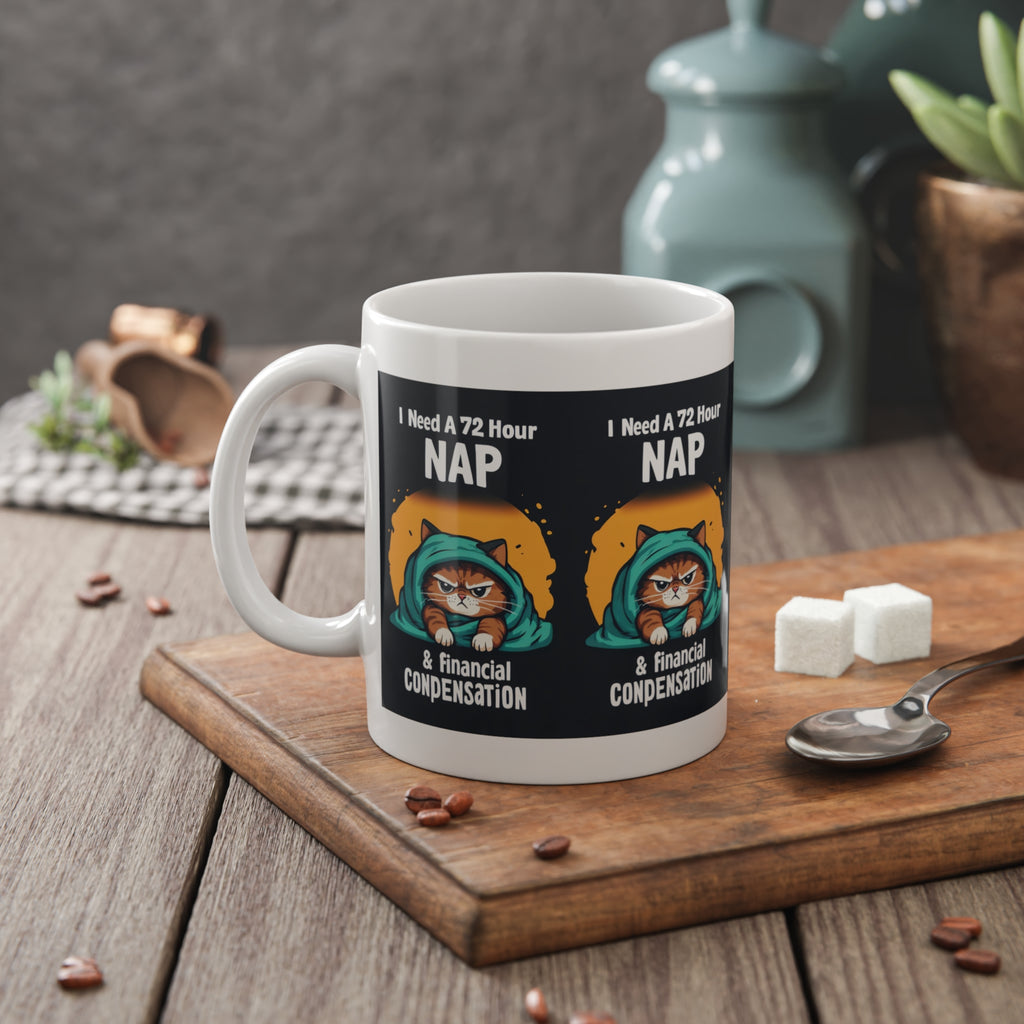 I Need a 72 Hour Nap & Financial Compensation Mug — Funny Cat Coffee Cup