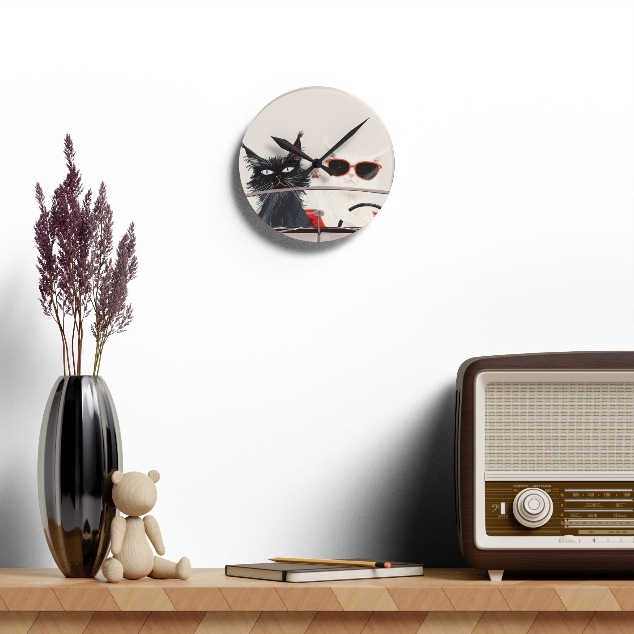 Cool Cats Cruisin' Acrylic Wall Clock – Retro Cat Road Trip Home Décor