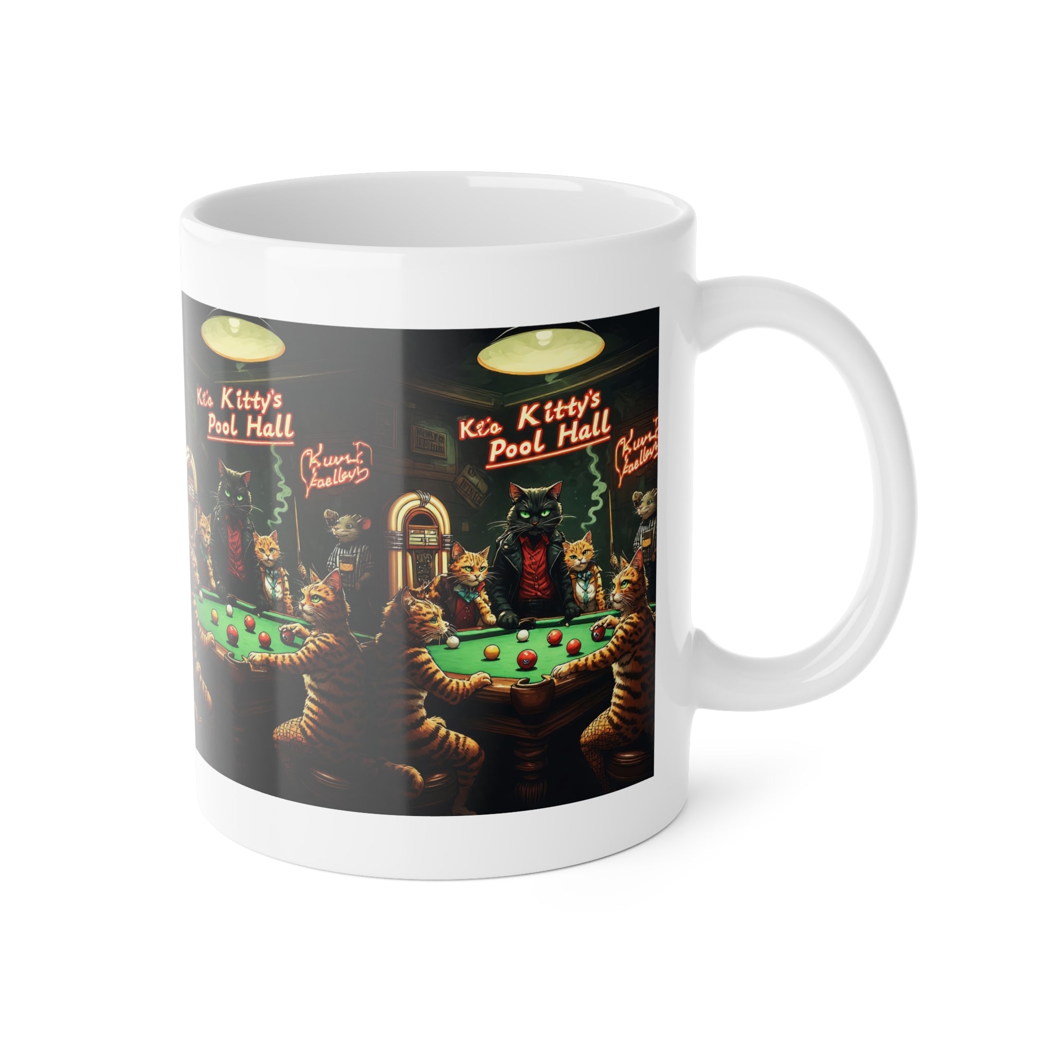 Kitty’s Pool Hall Ceramic Mug — Vintage Cat Billiards Coffee Cup