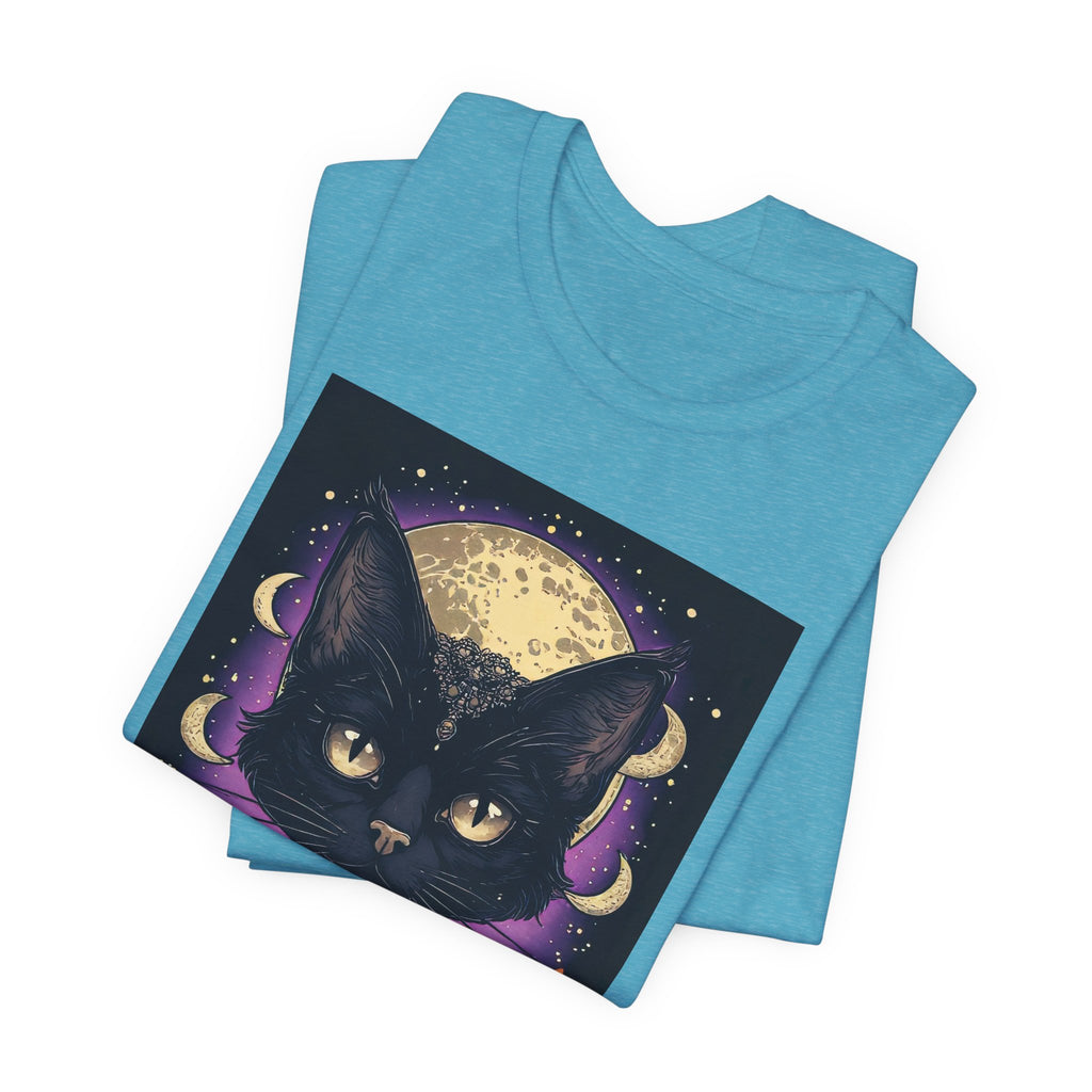 Mystic Black Cat Tee — Moon, Candles & Crescent Phases Graphic T-Shirt