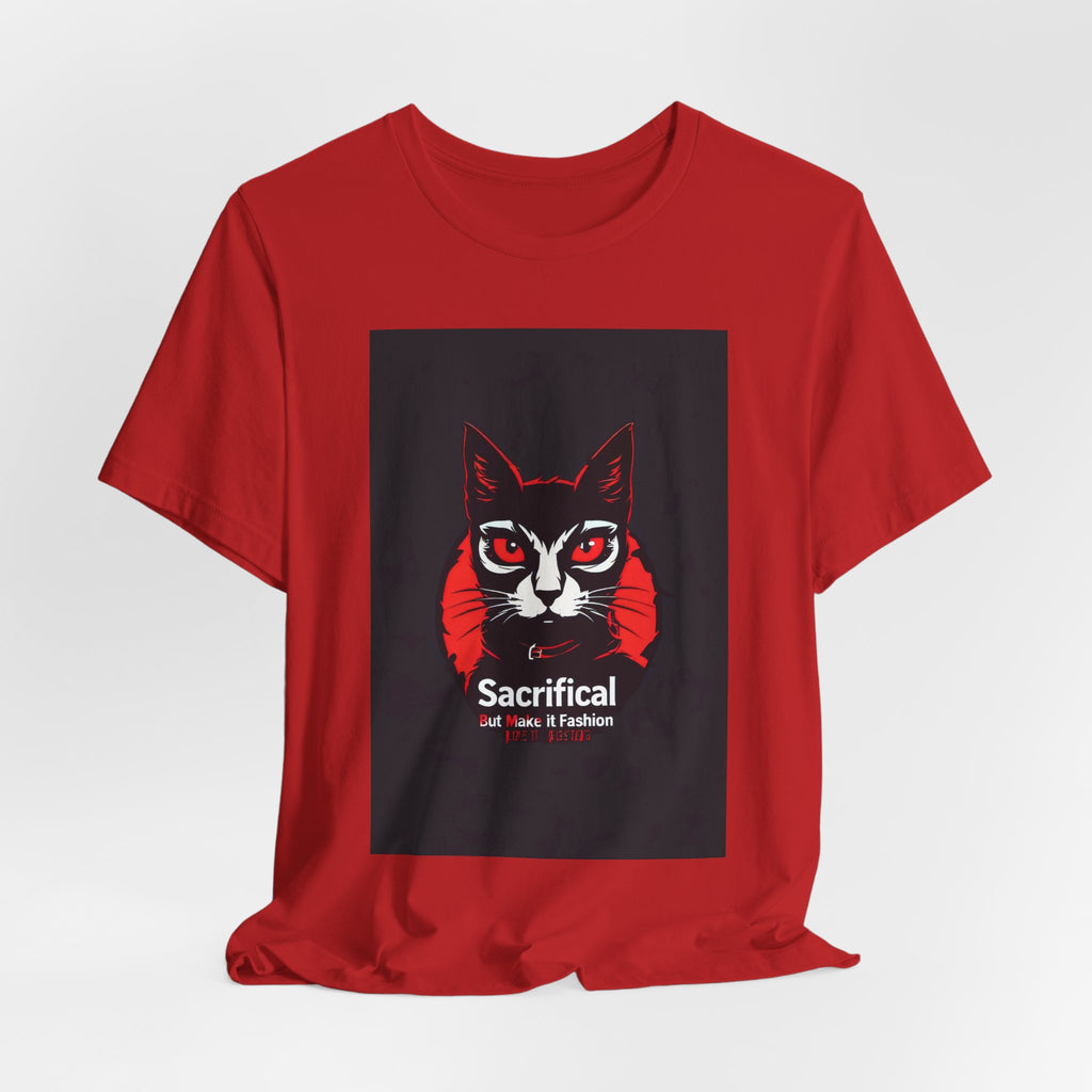 Sacrificial Cat Graphic Tee — Red & Black Retro Cat Portrait T-Shirt