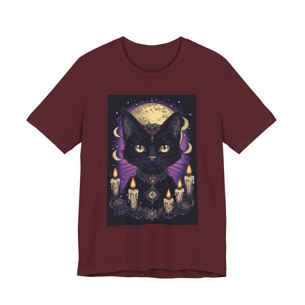 Mystic Black Cat Tee — Moon, Candles & Crescent Phases Graphic T-Shirt