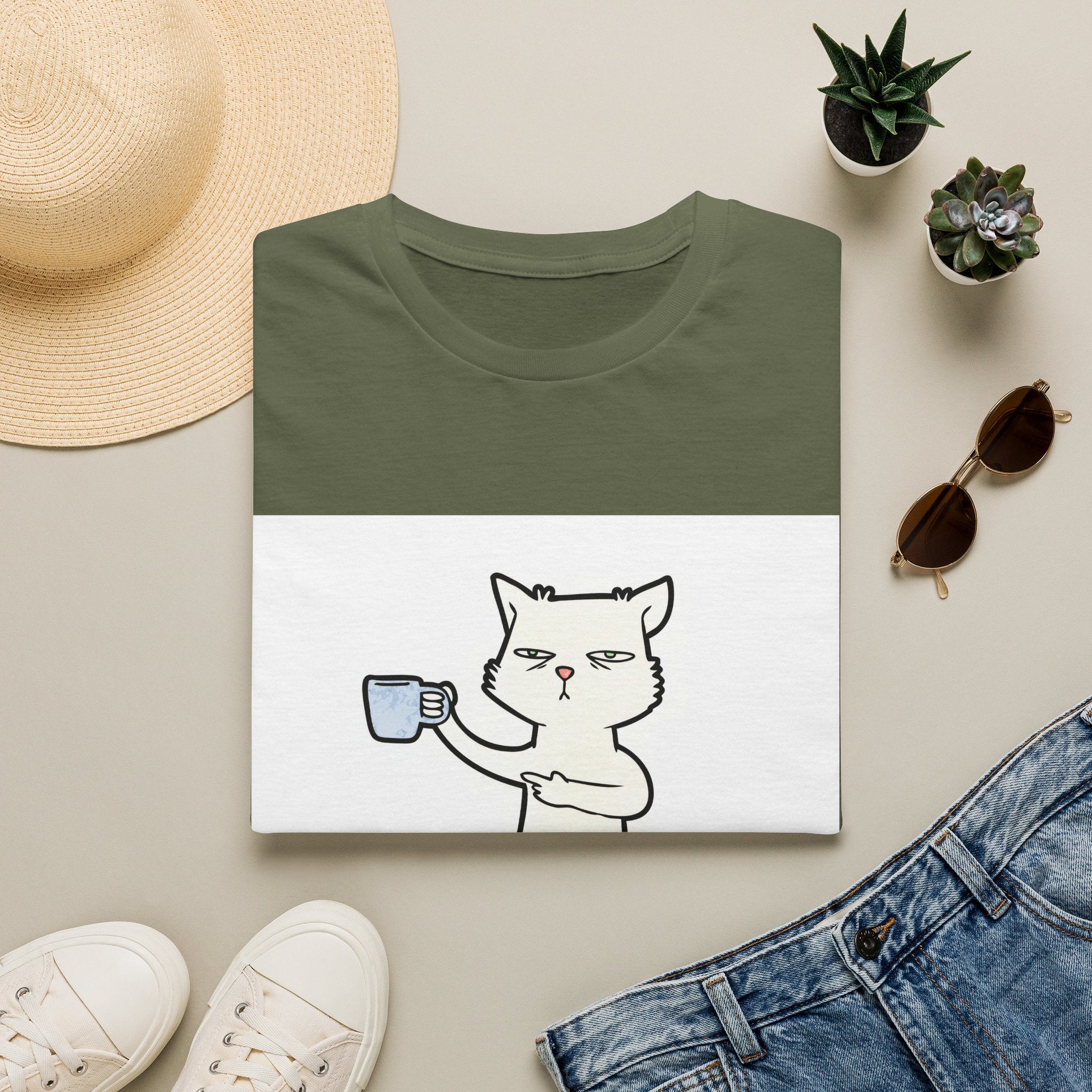 Cat with Coffee T‑Shirt — "First I Drink The Coffee, Then I Do The Things" Cute Lazy Cat Tee