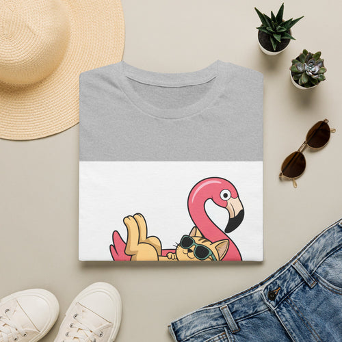 Cat on Flamingo Float T-Shirt — Cute Summer Pool Cat Graphic Tee